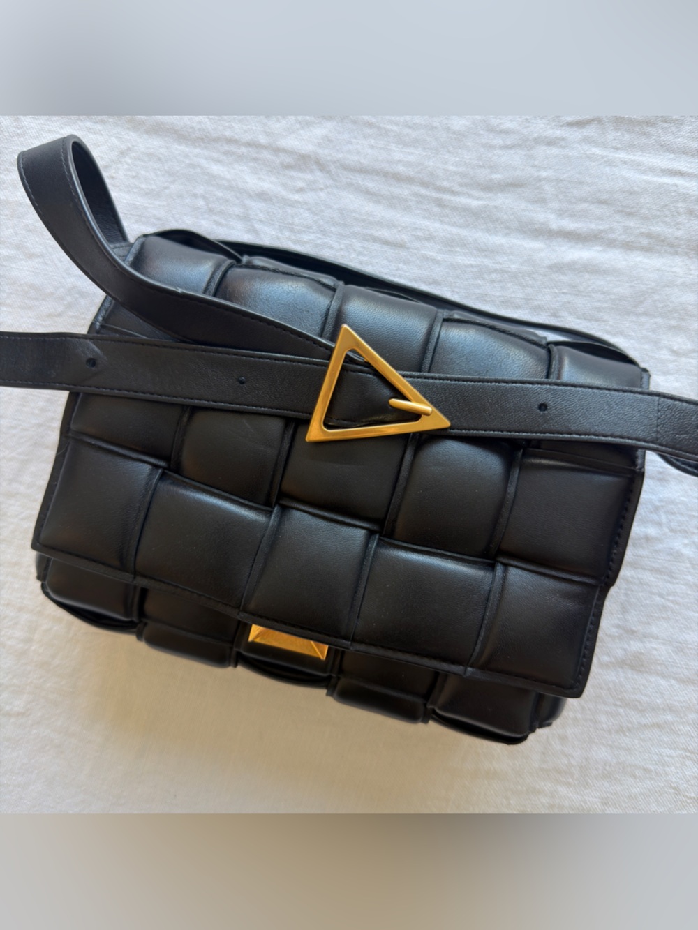 Bottega Veneta Black Intrecciato Padded Crossbody with Gold Triangle Buckle - Picture 1 of 7